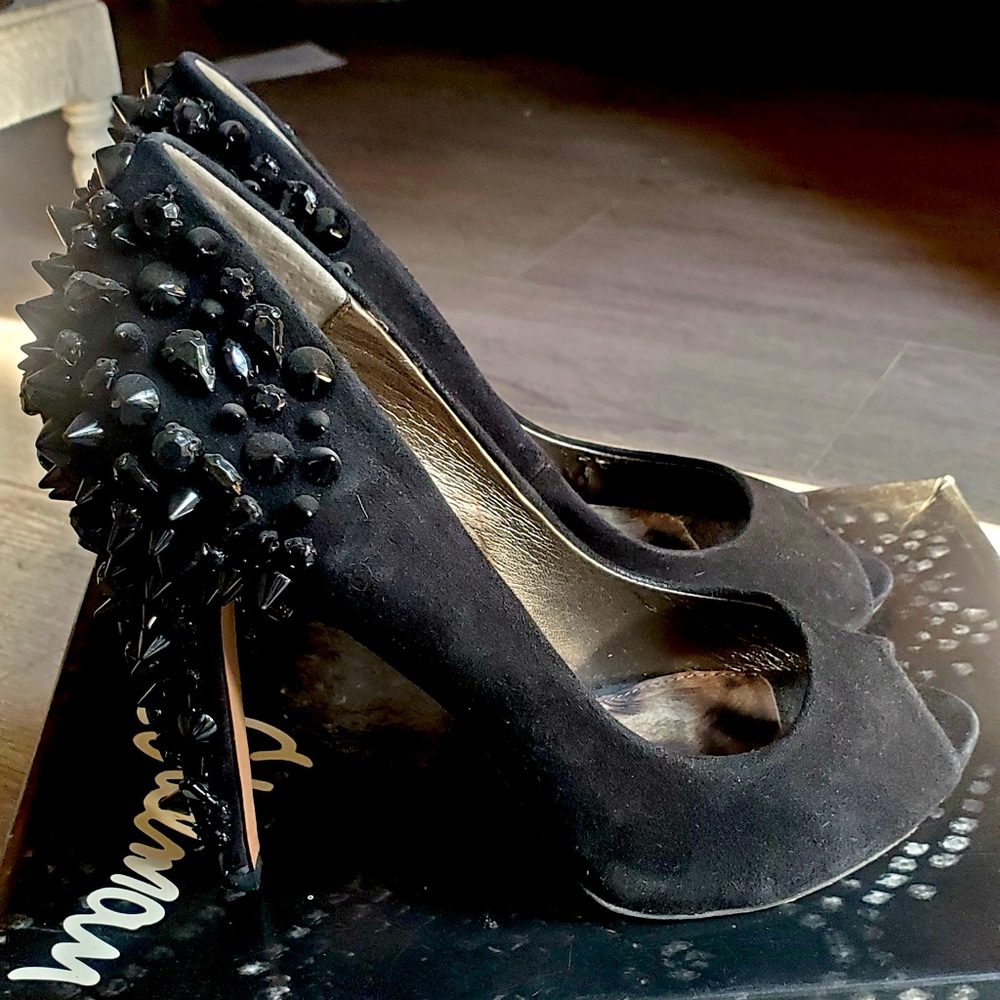 Sam Edelman Larissa Black Suede Spiked/Studded Peep Toe Heels
